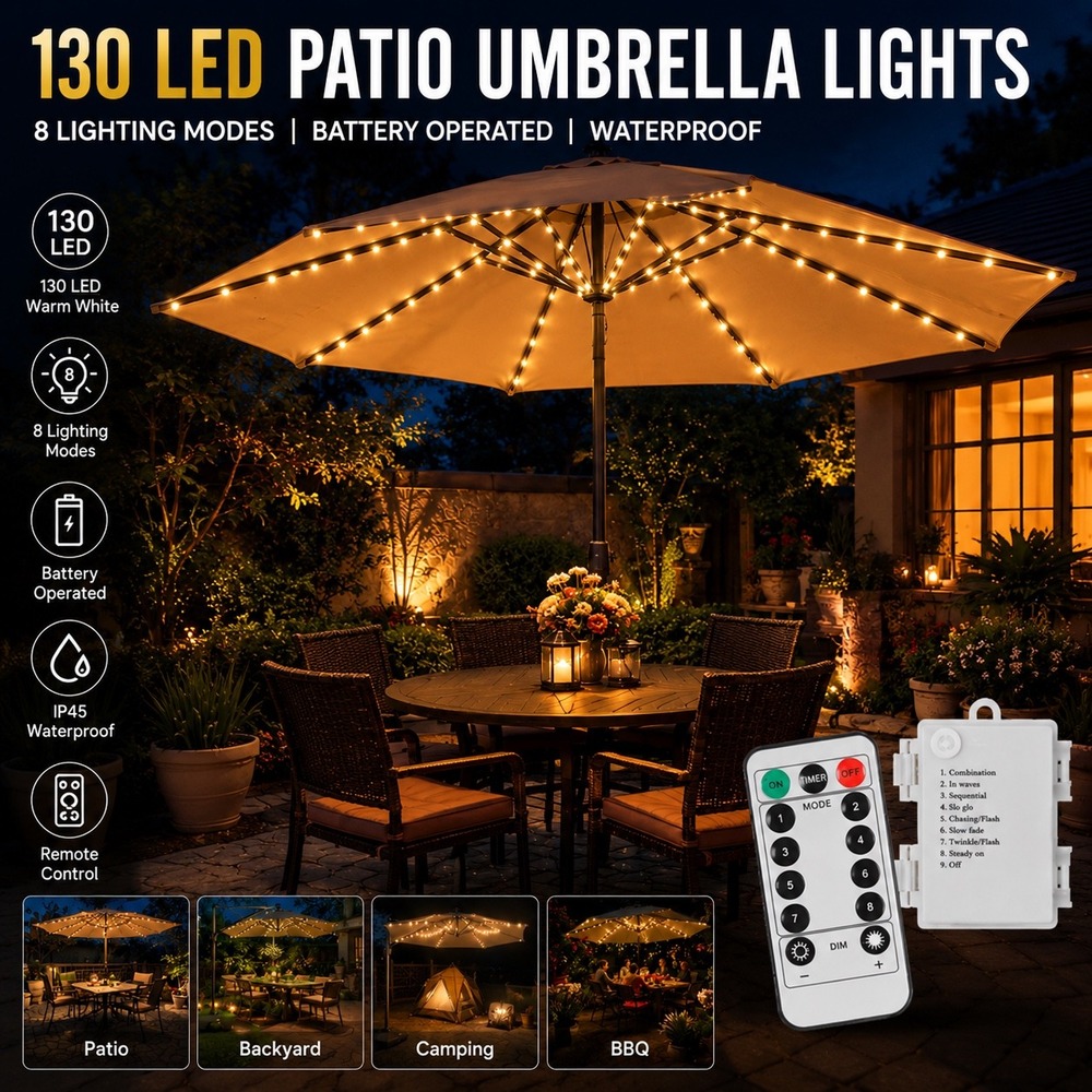 130 LED Patio Umbrella Fairy‎ Lights Warm White 8 Modes Remote IP45 Battery Op